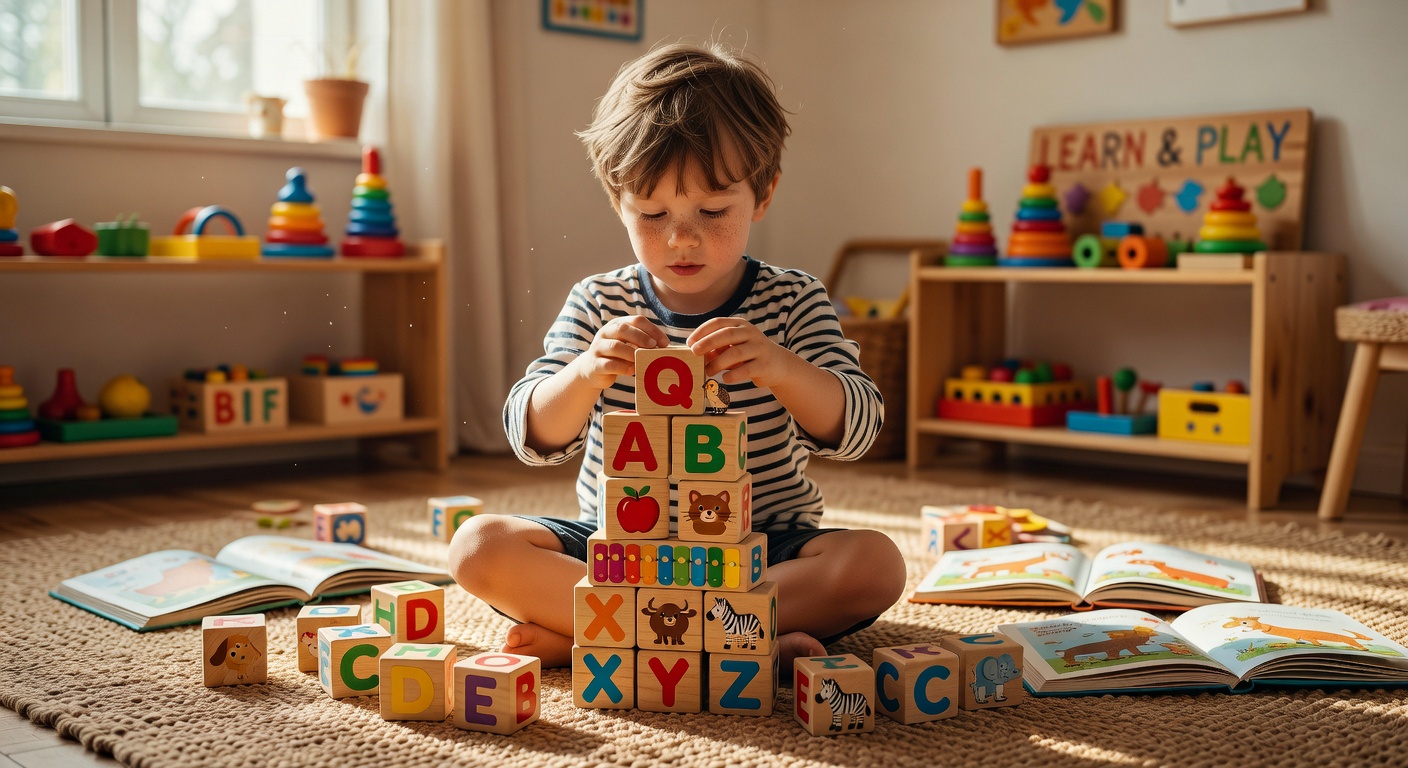 子どもがアルファベットタワーを組み立てている