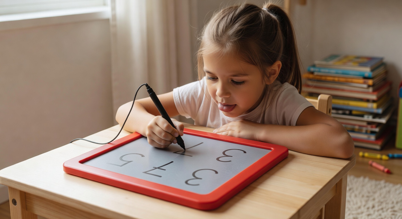 女の子が磁気ボードに数字を書いている